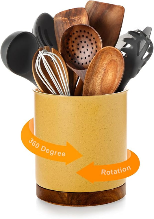 Nucookery 360°Rotating Utensil Holder, 7.2" Large Utensil Crock, White Ceramic Cooking Utensil Organizer,Farmhouse Kitchen Decor Christmas Thanksgiving Gift (Yellow Sand) by Nucookery