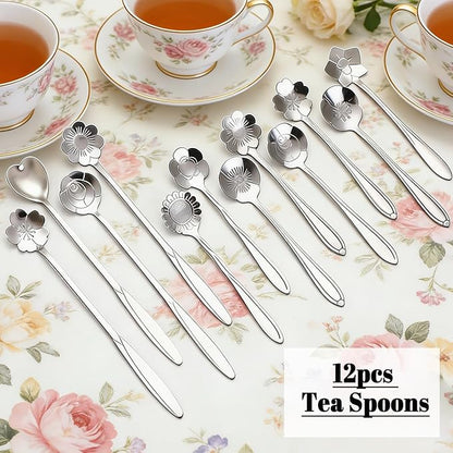 12 Pcs Flower Coffee Tea Spoons Set with Storage Bag, 4 Long & 8 Short Stainless Steel Teaspoons for Sugar Dessert Ice Cream Stirring, Cute Fancy Tableware for Tea Party Kitchen Cafe Bar(Silver)