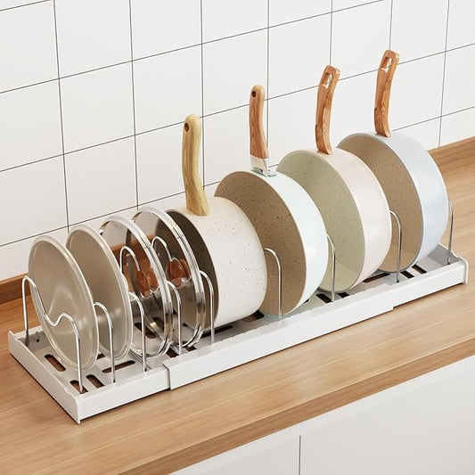 Mustorn Pots and Pans Organizer Under Cabinet, 22" Expandable Food Storage Container Lid Organizers with 9 Adjustable Dividers Pot and Pan Lid Holders Rack Inside Cabinet/Countertop(1 Pack, White) by MUSTORN
