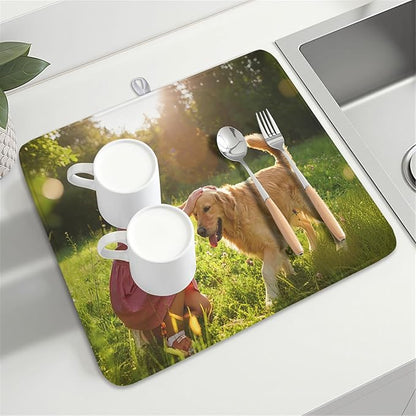 Customized Personalized Dish Drying Mat for Kitchen Counter Custom Any Photo Image Logo Text Microfiber Dish Drainer Mat Absorbent Washable Drying Pad 16"x18"