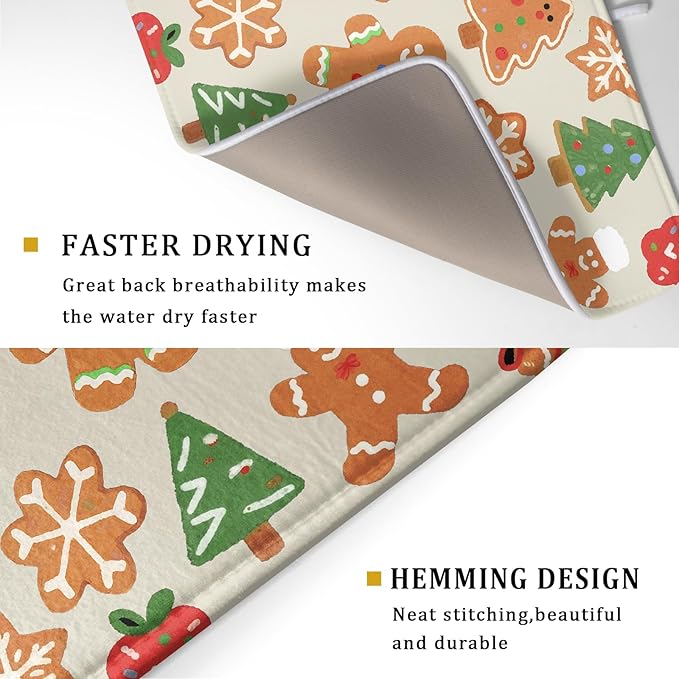 Christmas Dish Drying Mat for Kitchen Counter 18x24 Cute Gingerbread Themed Winter Xmas Holiday Absorbent Reversible Microfiber Drying Mats Kitchen Countertop Protector Dishes Drainer Rack Pad - Image 3