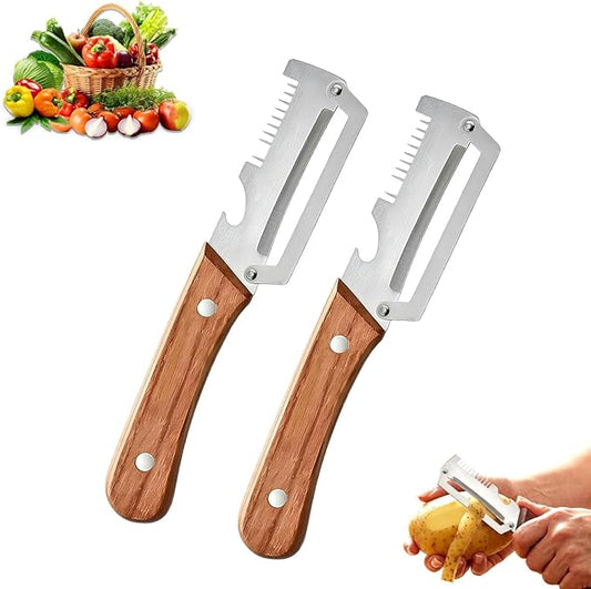 Multi-Functional Vegetable Peeler, 3 in 1 Multi Functional Wooden Handle Peeler and Bottle Opener,Kitchen Gadgets Tool，Grater & Bottle Opener for Potato, Carrot, Apple, Fruit & Vegetable (2pcs)