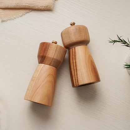 Salt and Pepper Grinder Set with Tray, Adjustable Ceramic Grinder Salt Mill, Stainless Steel Grinder Pepper Mill, Acacia Wood, 5 inch /14cm Height, Bottom Dia 2.36inch/6cm (Tray is Included)