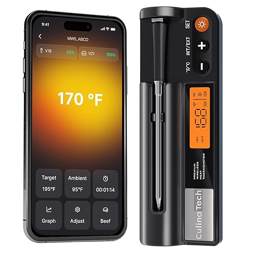 750ft Wireless Meat Thermometer Long Range for Smoker, BBQ & Rotisserie, Smart Bluetooth Thermometer Dual Sensor Waterproof Probe with LCD Base Station Display & App Control by CulinaTech