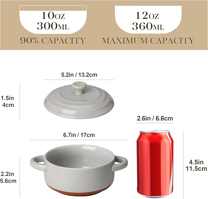 MALACASA Mini Cocotte Set - 12 OZ Ramekins with Lids and Handles, Small Casserole Dishes for Oven, Ceramic Small Baking Dish Set of 4, Microwave & Dishwasher Safe, Khaki Grey, Series TARA - Image 2