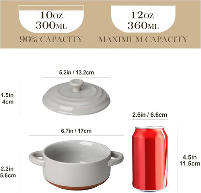 MALACASA Mini Cocotte Set - 12 OZ Ramekins with Lids and Handles, Small Casserole Dishes for Oven, Ceramic Small Baking Dish Set of 4, Microwave & Dishwasher Safe, Khaki Grey, Series TARA - Image 2
