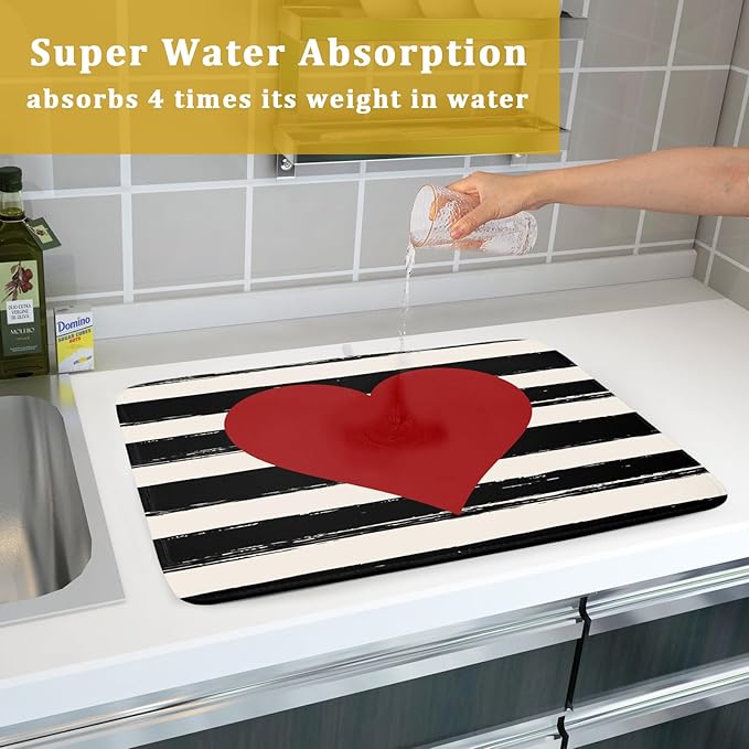 Valentine's Day Dish Drying Mat for Kitchen Counter Black Plaid Heart Microfiber Absorbent Dish Draining Reusable Washable Foldable Extra Large 18"x24" - Image 7