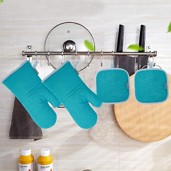 4Pcs Oven Mitts and Pot Holders Set, 572F Heat Resistant Oven Glove, Soft Cotton Lining with Non-Slip Surface for Kitchen Baking BBQ (Turquoise) - Image 5