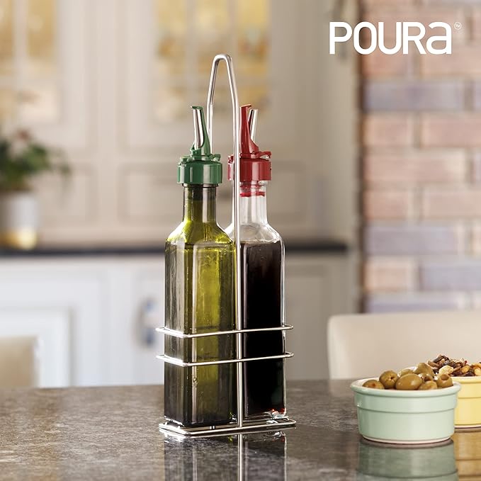Poura Vinegar and Olive Oil Bottle Drizzler Set with ClickSeal BPA Free Pour Spouts | Glass Oil & Vinegar Dispenser Bottles for Cooking & Dining | Hygienic Covers + Silicone Decanter Funnel 250ml