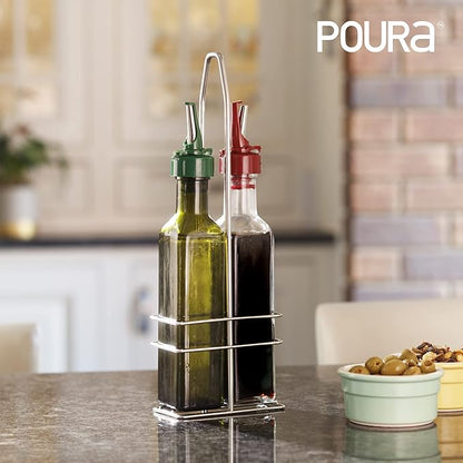 Poura Vinegar and Olive Oil Bottle Drizzler Set with ClickSeal BPA Free Pour Spouts | Glass Oil & Vinegar Dispenser Bottles for Cooking & Dining | Hygienic Covers + Silicone Decanter Funnel 250ml