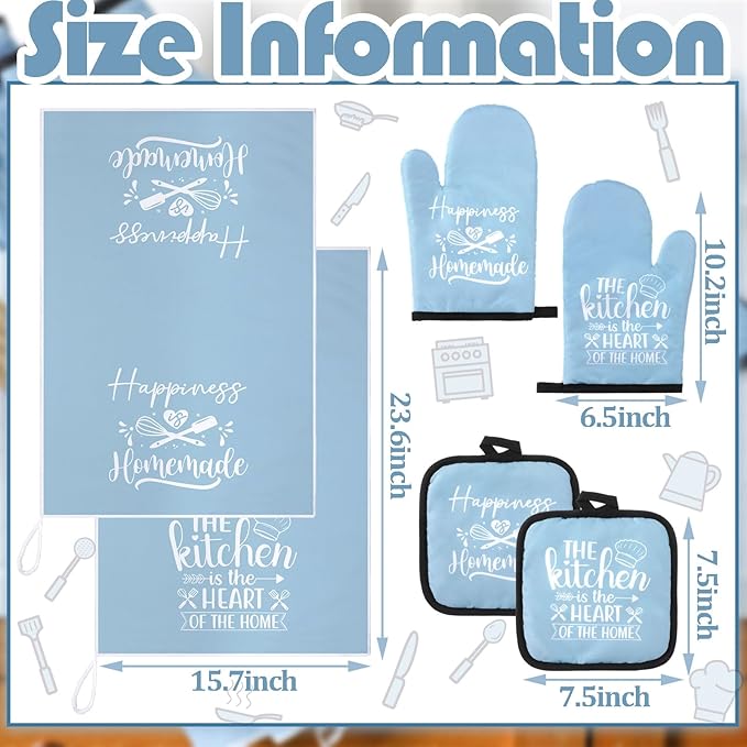 Sratte 6 Pcs Kitchen Decor Accessories Set Farmhouse Towels Pot Holders Oven Mitts Set 2 Dish Towels 2 Potholders 2 Cooking Mittens Oven Glove for Christmas Baking Cooking Supply(Light Blue,Kitchen) - Image 3