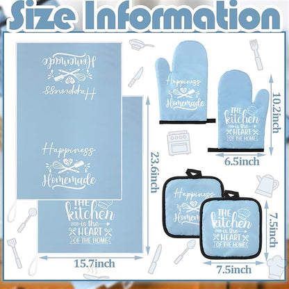 Sratte 6 Pcs Kitchen Decor Accessories Set Farmhouse Towels Pot Holders Oven Mitts Set 2 Dish Towels 2 Potholders 2 Cooking Mittens Oven Glove for Christmas Baking Cooking Supply(Light Blue,Kitchen) - Image 3