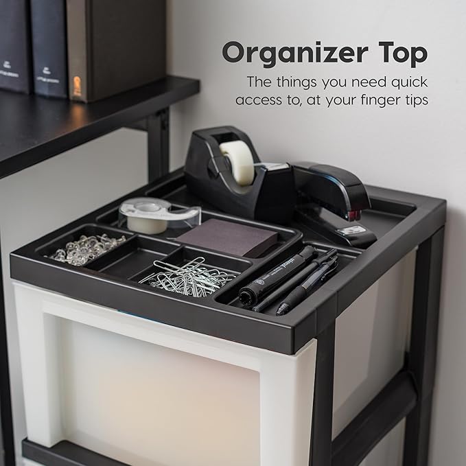 IRIS USA Plastic Drawer Storage Organizer Rolling Cart, with Wheels Casters, 3-Drawers, for Classroom Art Craft Supplies Dresser Closet Bathroom Laundry Room, Black/Pearl - Image 6