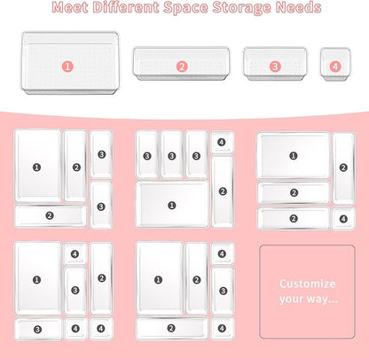 25 PCS Plastic Drawer Organizer Set, 4-size Clear Bathroom and Vanity Desk Drawer Organizer Trays, Non-Slip Versatile Storage Bins for Makeup Jewelry Office Kitchen Gadgets