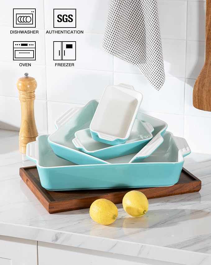 Sweejar Ceramic Bakeware Set of 4, Casserole Dishes for Oven, Rectangular Baking Dish with Handles, Lasagna Pans Deep for Cooking, Gratin, Roasting, Banquet and Daily Use (Turquoise) - Image 3