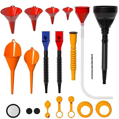 KJE 19 Pcs Automotive Funnel Set, Spout Replacements, Plastic Wide Mouth Transmission Funnels, Flexible Oil Funnel Kit for Automotive Use by KJE