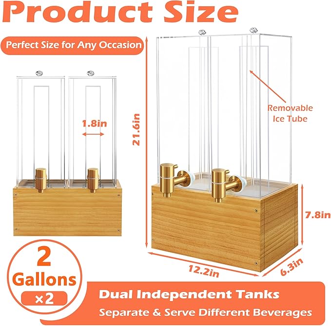 Beverage Dispenser with Stand, 4 Gallon Dual Drink Dispenser Stand, Large Drink Dispenser for Party, Wood Stand - Image 3