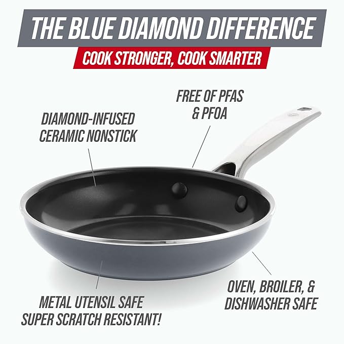 Blue Diamond 8" Nonstick Frying Pan Skillet, Ceramic Diamond Infused PFAS-Free, Dishwasher & Oven Safe, Stay Cool Handle, Durable Non Toxic Metal Utensil Safe, Egg & Omelet Pan, Gray - Image 3