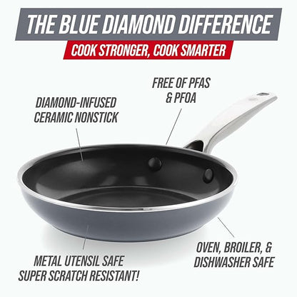 Blue Diamond 8" Nonstick Frying Pan Skillet, Ceramic Diamond Infused PFAS-Free, Dishwasher & Oven Safe, Stay Cool Handle, Durable Non Toxic Metal Utensil Safe, Egg & Omelet Pan, Gray - Image 3