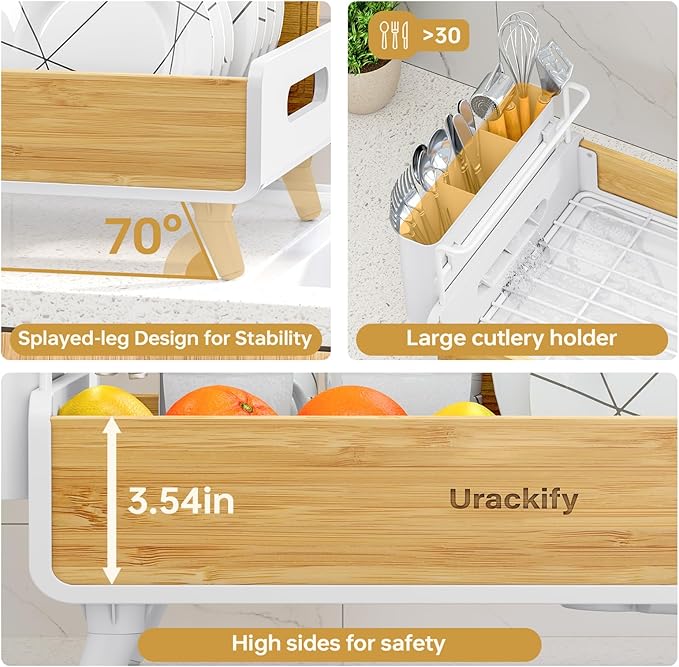 Urackify Dish Drying Rack for Kitchen Counter - Stainless Steel & Bamboo Dish Rack with Large Removable Utensil Holder, Dish Drainer with Adjustable Automatic Spout, White - Image 7