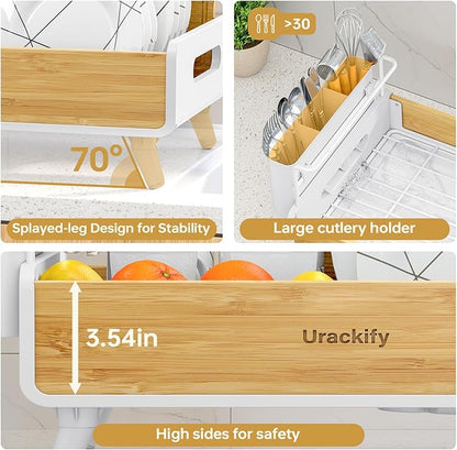 Urackify Dish Drying Rack for Kitchen Counter - Stainless Steel & Bamboo Dish Rack with Large Removable Utensil Holder, Dish Drainer with Adjustable Automatic Spout, White - Image 7