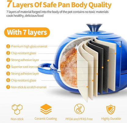 ONKO Dutch Oven For Sourdough Bread Baking, 6QT Enameled Cast Iron Dutch Oven Pot With Lid, Non-stick Sourdough Baking Pan with Bread Dome, Round Ceramic Dutch Ovens Pot with Cloche for Homemade