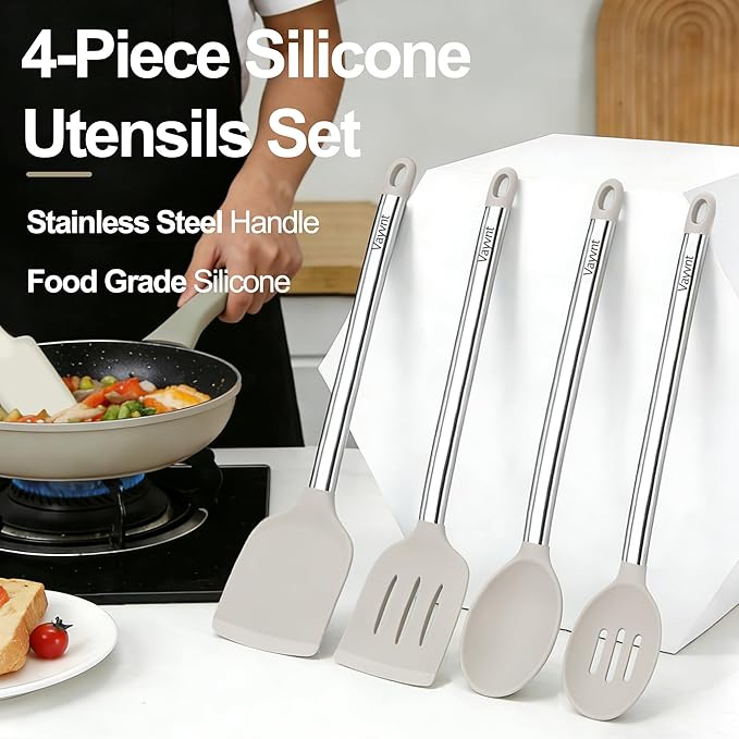 Vayvnt 4 Pieces Silicone Kitchen Spatula Utensils Set, Silicone Cooking Utensils for Non-Stick Cookware, Heat Resistant Silicone Utensils for Cooking, Kitchen Spatula Turner, Dishwasher Safe, Khaki