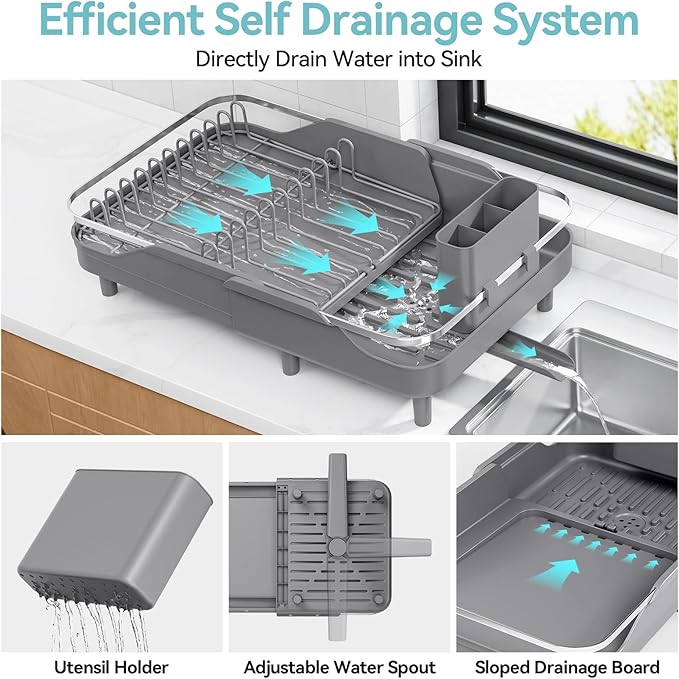 Urackify Expandable Dish Rack for Kitchen Counter, 16.14"-23.62" Large Stainless Steel Dish Drying Rack with Adjustable Water Spout, Space Saving Dish Drainer with Auto Draining Cutlery Holder,Grey - Image 3