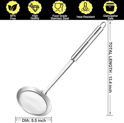 Anaeat 5.5" Stainless Steel Fat Skimmer Spoon - Professional Kitchen Fine Mesh Food Strainer and Hot Pot Skimmer with Long Handle for Skimming, Cooking, Frying, Grease, Gravy and Foam
