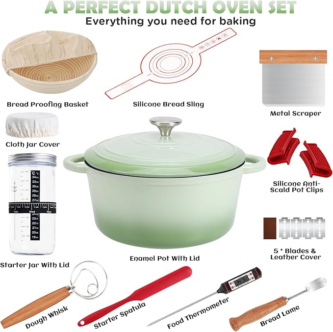 Enameled Cast Iron Dutch Oven Pot with Lid, Incl. Sourdough Bread Baking Supplies Like Banneton Bread Proofing Basket, Starter Jar, Scoring Tool Lame, 5QT Dutch Oven for Bread Baking, Oven Safe up to 500°F - Image 2
