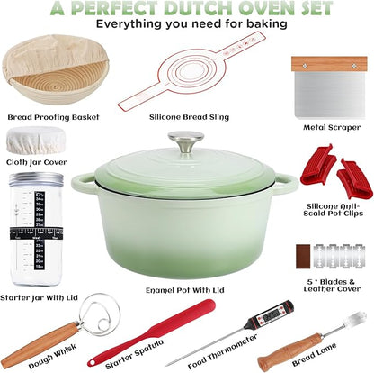 Enameled Cast Iron Dutch Oven Pot with Lid, Incl. Sourdough Bread Baking Supplies Like Banneton Bread Proofing Basket, Starter Jar, Scoring Tool Lame, 5QT Dutch Oven for Bread Baking, Oven Safe up to 500°F - Image 2