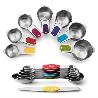 Spring Chef Magnetic Measuring Cups & Spoons Set, Patented, Strong N45 Magnets, Heavy Duty Stainless Steel Fits in Spice Jars for Baking & Cooking, BPA Free, Set of 15 with Leveler, Multicolor by SpringChef