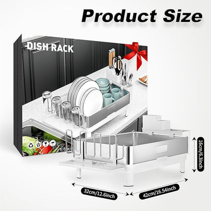 Ewaiira Dish Drying Rack, 304 Stainless Steel Dish Racks for Kitchen Counter, Dish Drainers with Automatic Drainage, Utensil Holder & Cups Holder, Space Saving Kitchen Organizer, White - Image 3