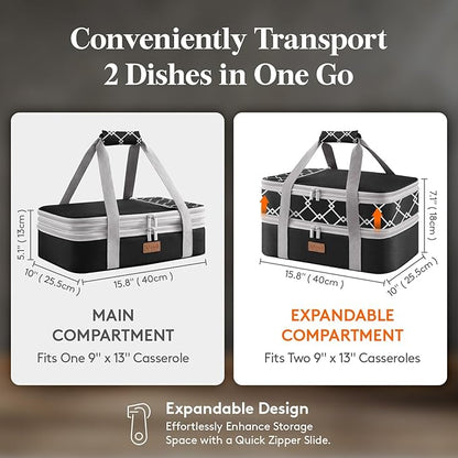 Lifewit Insulated Double Decker Casserole Carrier, Expandable Lasagna Lugger Tote Bag for Hot or Cold Food, Fits 9" x 13" Baking Dish for Potluck Parties, Picnic and Cookouts, Black-Geometric