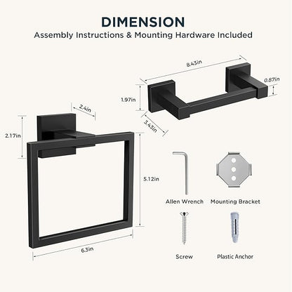 FORIOUS Toilet Paper Holder Set Wall Mount, SUS 304 Stainless Steel Pivoting Toilet Paper Holder and Towel Ring, Hand Towel Holder Set for Bathroom, Square Bathroom Hardware Set, Matte Black