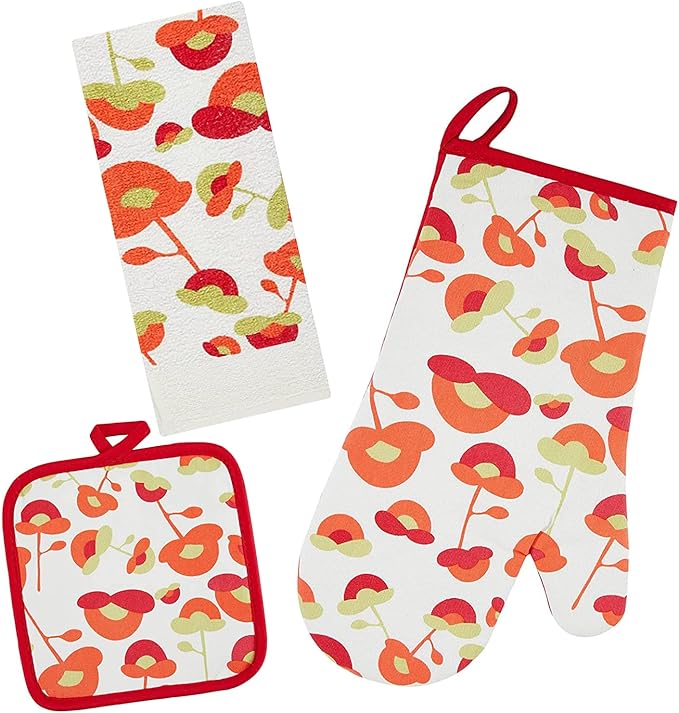 Oven Mitts and Potholders Dish Towles Set 100% Cotton for Perfect for Gifting, Baking, and Everyday Cooking Durable Heat Resistant for Kitchen and Machine Washable (3-Piece Red Flower) by Firstall