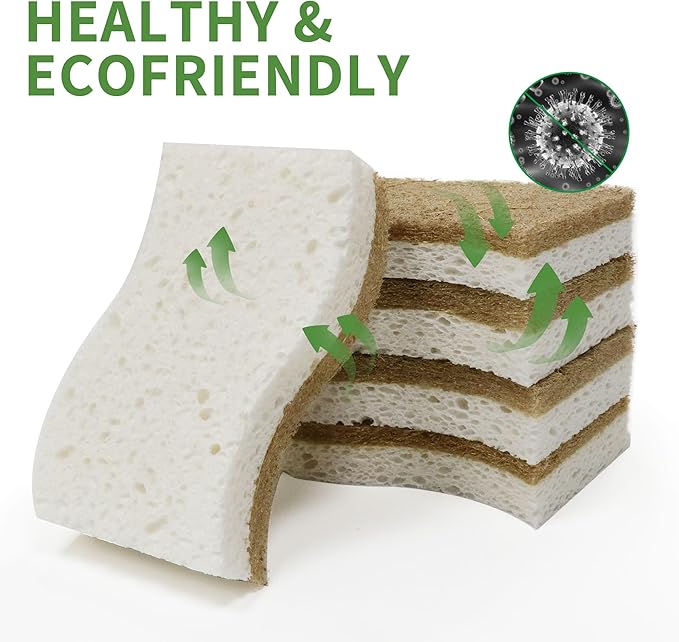 16 Pack Biodegradable Natural Kitchen Sponge - Compostable Cellulose and Coconut Walnut Scrubber Sponge - Eco Friendly Sustainable Sponges for Dishes - Image 4