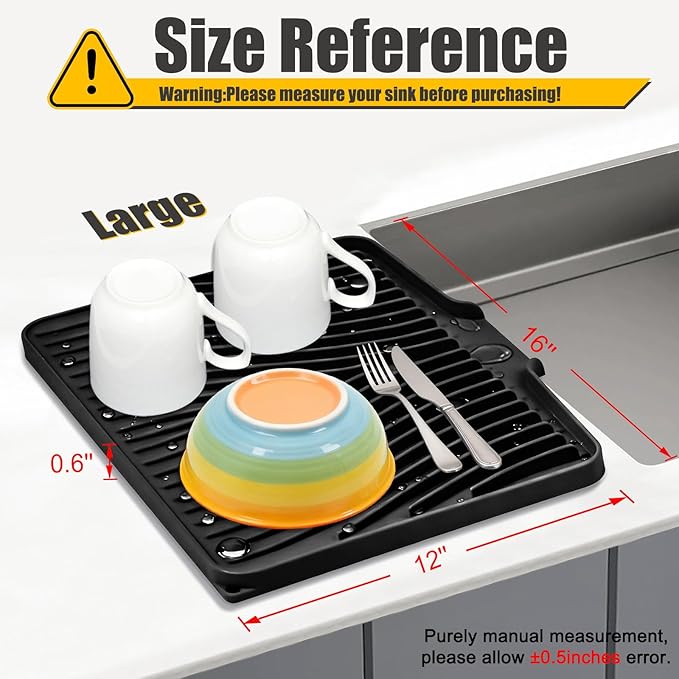 TIKNIK Silicone Dish Drying Mat, Stone Drying Mat for Kitchen Counter with Built-In Drain, Non-Slip Drain Pad with Built-in Drain, Heat Resistant Stone Drying Mat, Hangable, Black-1pc, 16" x 12" - Image 2