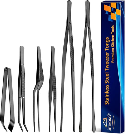 JETKONG 6 Pcs Cooking Tweezer Tongs, 12'' and 6.3" Stainless Steel Kitchen Tweezer Set, Professional Chef Tweezers for Cooking, Repairing, Sea Food, BBQ, Multi-use (Black) by JETKONG