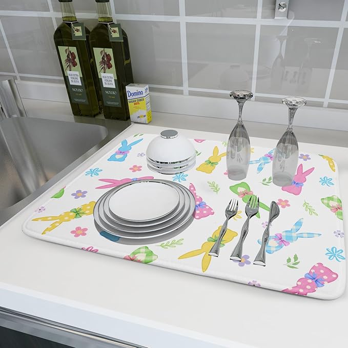 Easter Dish Drying Mat for Kitchen Counter Cute Bunny Floral Holiday Microfiber Absorbent Dish Draining Reusable Washable Foldable Extra Large 18"x24" - Image 6