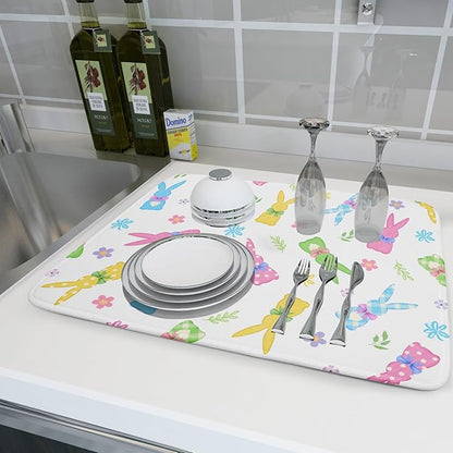Easter Dish Drying Mat for Kitchen Counter Cute Bunny Floral Holiday Microfiber Absorbent Dish Draining Reusable Washable Foldable Extra Large 18"x24" - Image 6