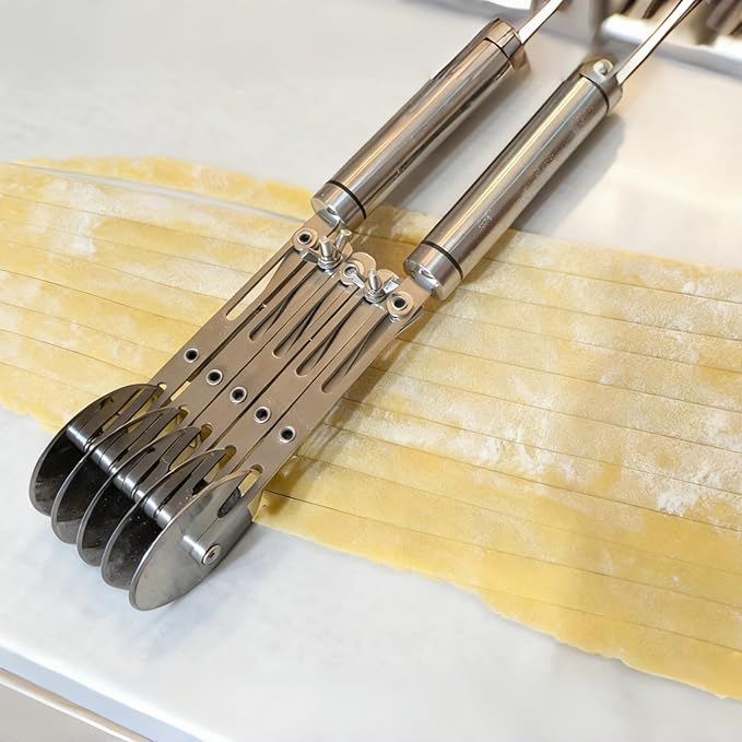 Wheel Pastry Cutter, Adjustable Pasta Cutter with Handle, Stainless Steel Dough Slicer for Noodles, Pizza, Brownies, Pie Crust, Multi-Tool for Baking & Cooking (7 Roller)
