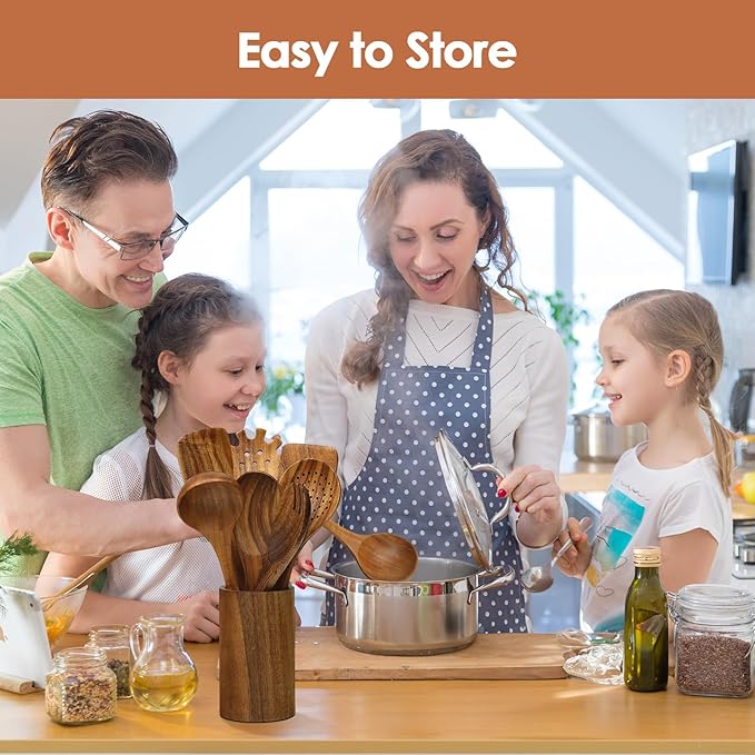 comfoyar Wooden Kitchen Cooking Utenails Set, 7 Pieces Natural Teak Wooden Spoons for Cooking with Spatula and Ladle, Heat Resistant Kitchen Cookware for Nonstick Pan - Image 5