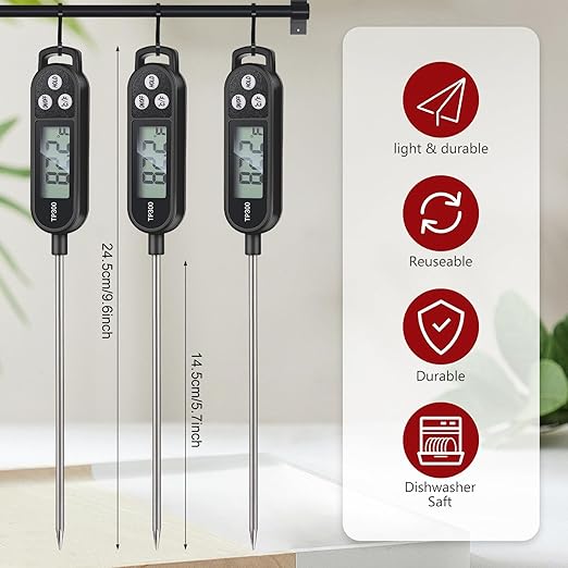 Copkim 6 Pcs Instant Read Meat Thermometer with Long Probe 9.65 Inch Kitchen Cooking Food Candy Waterproof Digital Thermometer for BBQ Water Milk Yogurt Liquid Cooking(Black) - Image 2