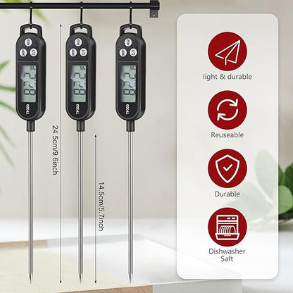 Copkim 6 Pcs Instant Read Meat Thermometer with Long Probe 9.65 Inch Kitchen Cooking Food Candy Waterproof Digital Thermometer for BBQ Water Milk Yogurt Liquid Cooking(Black) - Image 2