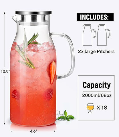 LUNA&MANTHA 2 Pack 2 Liter 68 oz Glass Pitcher with Lid and Handle, Water Pitcher for Fridge, Large Ice Tea Jug for Hot/Cold Drinks, Thick Borosilicate Glass Carafe for Coffee, Juice, Sangria - Image 3