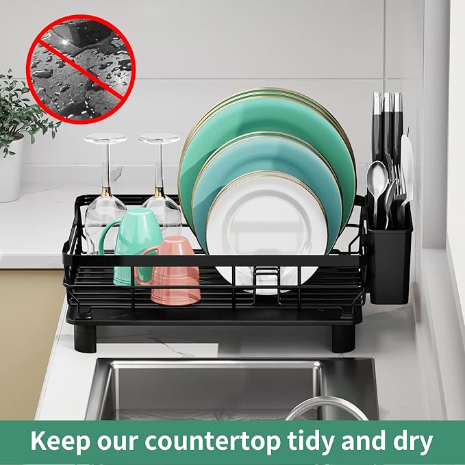 MOUKABAL Dish Drying Rack, Dish Rack, Stainless Steel Dish Racks for Kitchen Counter, Dish Drainer with Removable Utensil Holder, Drainboard (Black,13''W x 17''L) - Image 6