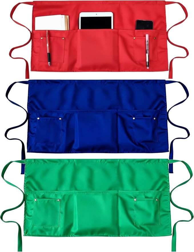 TiwerlfeServer Waist Aprons with 5 Pockets - 11.5 Inch Waterdrop & Oil Resistant Waitress Waiter Half Apron