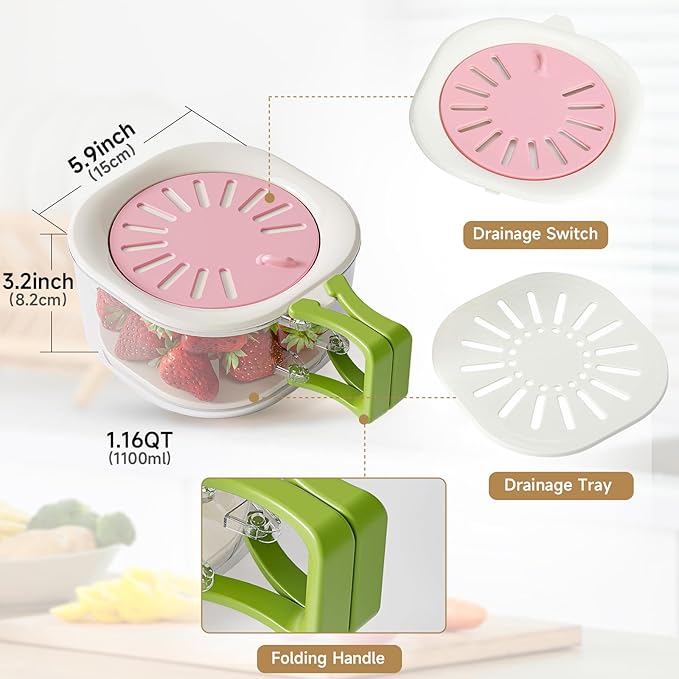 Fruit Vegetable Washing Bowl with Strainer, Multifunctional Produce Washer, Berry Container, Lettuce Keeper for Fridge Refrigerator Organization, Portable Strainers and Colander for Kitchen - Image 6