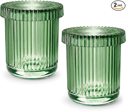 2 Pack Qtip Holder - Apothecary Jars with Lids, Bathroom Organizers and Storage Canister for Cotton Balls,Swabs,Floss Picks,Hair Ties,Clear Glass Vintage Bathroom Decor Jar Set (Green)